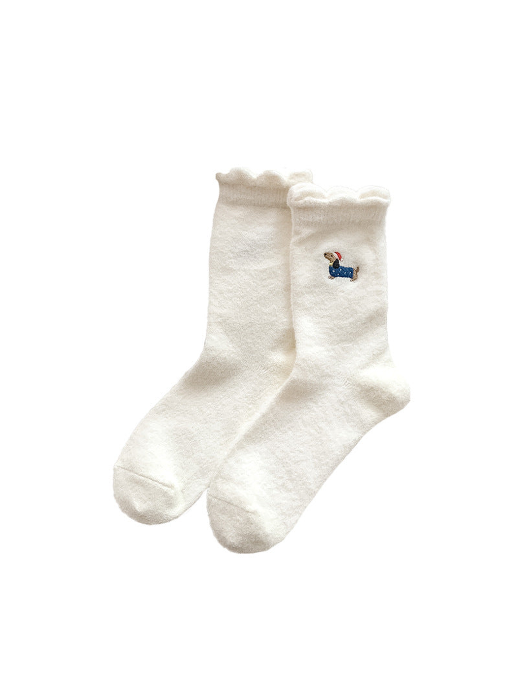 Ivory crew socks with blue dog embroidery and ruffled cuffs