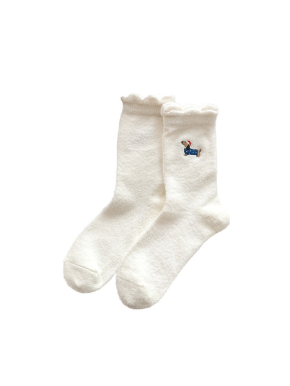 Ivory crew socks with blue dog embroidery and ruffled cuffs
