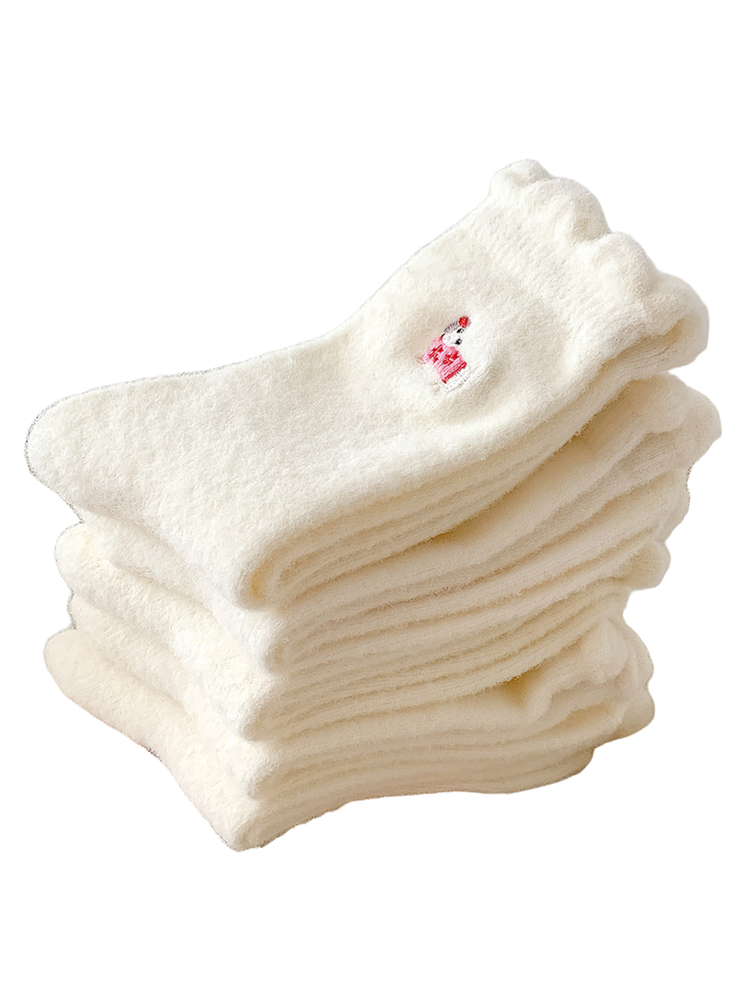 Stack of ivory fuzzy crew socks with ruffled cuffs and dog embroidery