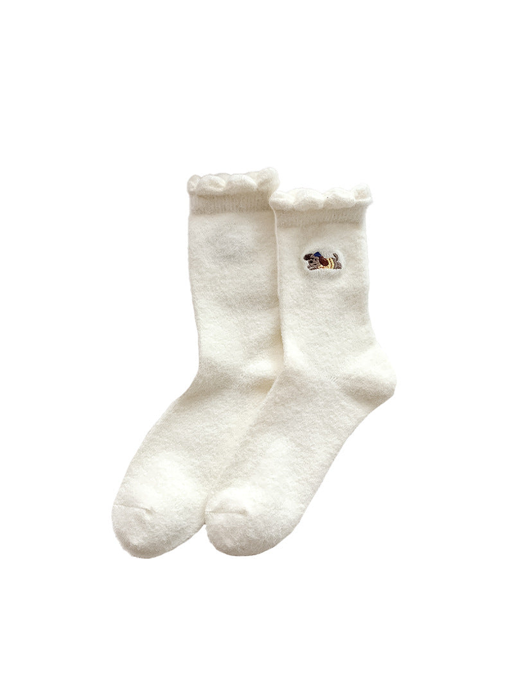 Ivory crew socks with yellow-striped dog embroidery and ruffled cuffs