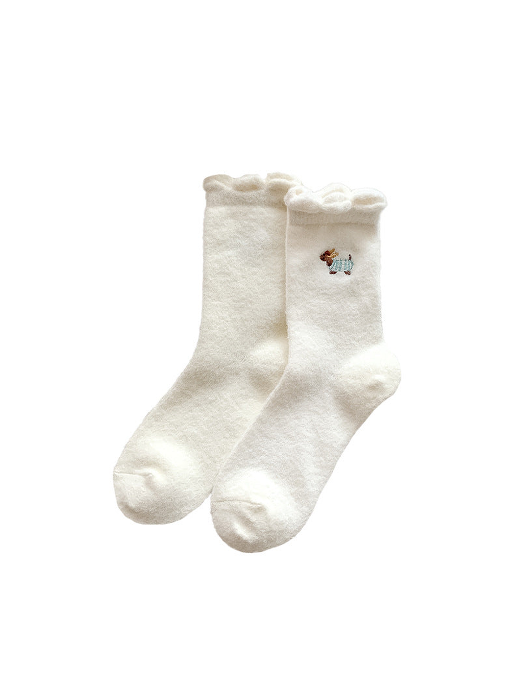 Ivory crew socks with turquoise-striped dog embroidery and ruffled cuffs