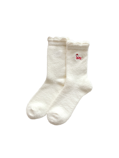 Ivory crew socks with pink dog embroidery and ruffled cuffs