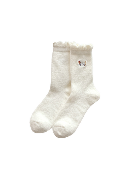 Ivory crew socks with spotted dog embroidery and ruffled cuffs