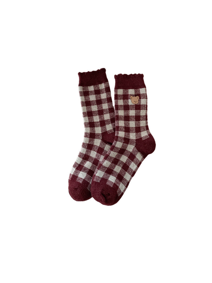 Burgundy and cream checkered crew socks with bear applique