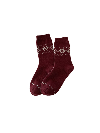 Burgundy crew socks with cream snowflake bands