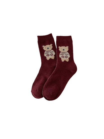 Burgundy crew socks with cream bear motifs