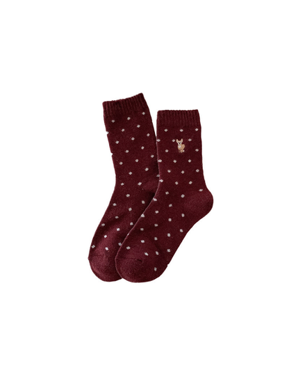 Burgundy crew socks with small cream polka dots