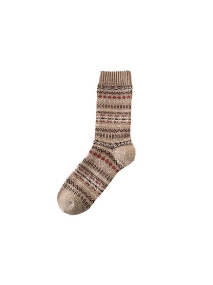 Beige crew sock with multicolor geometric bands