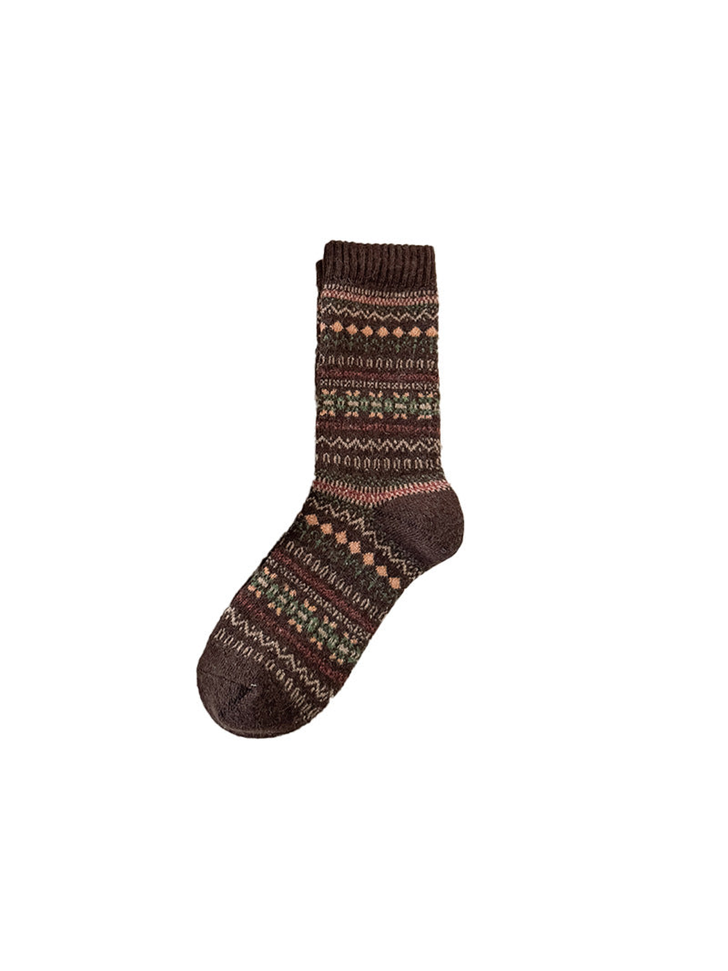 Dark brown crew sock with multicolor geometric bands