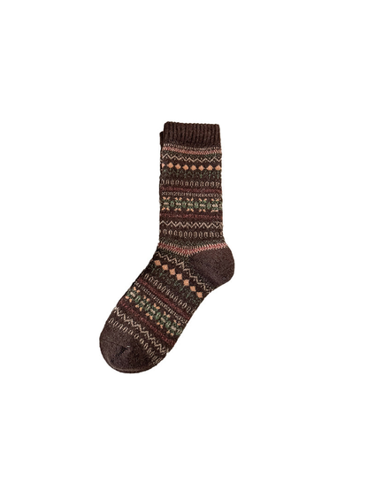 Dark brown crew sock with multicolor geometric bands