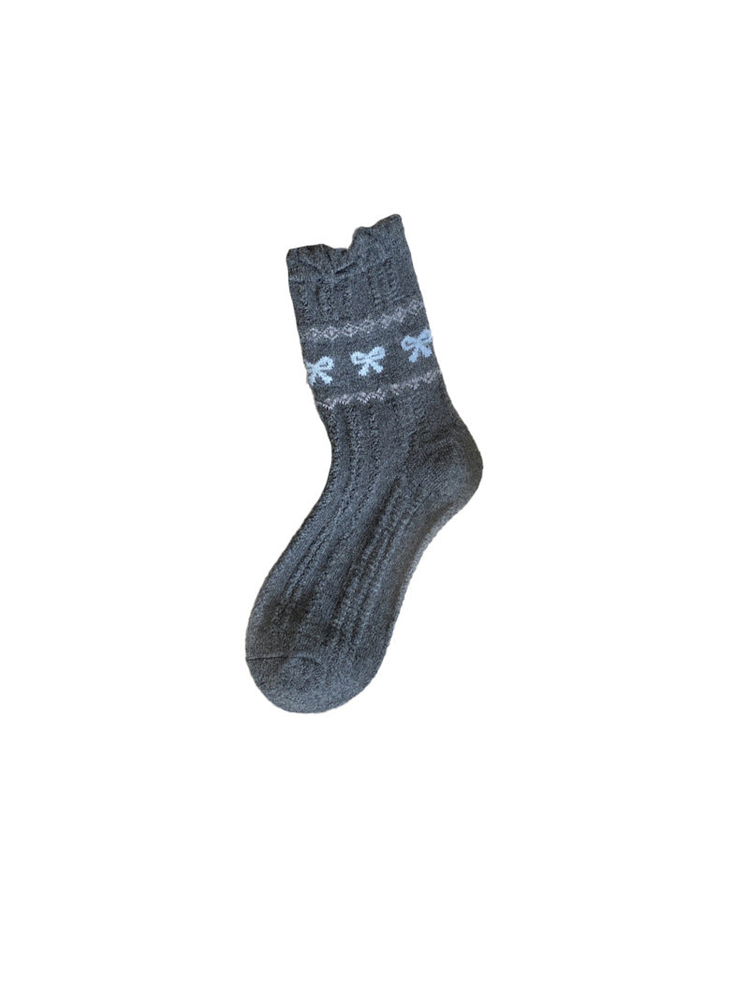 Dark gray ribbed crew sock with pale blue bow motifs