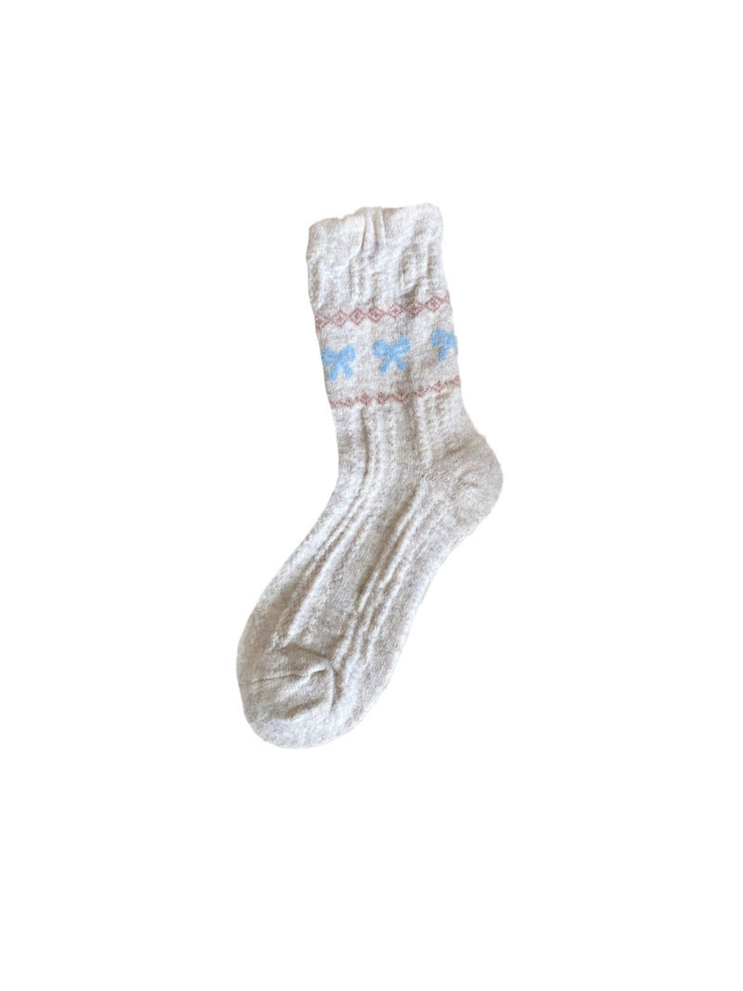 Beige ribbed crew sock with blue bow motifs and pink zigzag bands