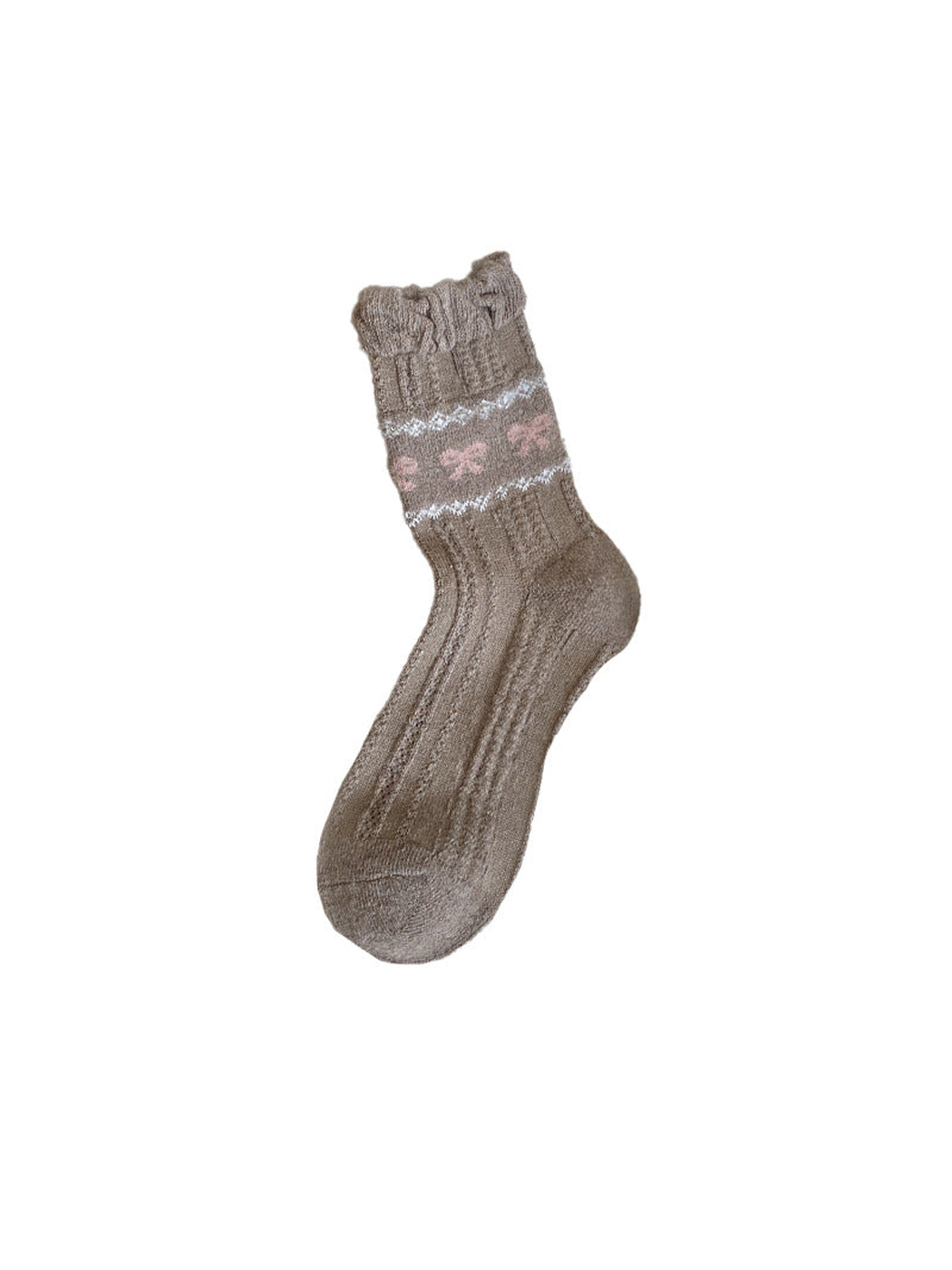 Brown ribbed crew sock with pink bow motifs and ruffled cuff