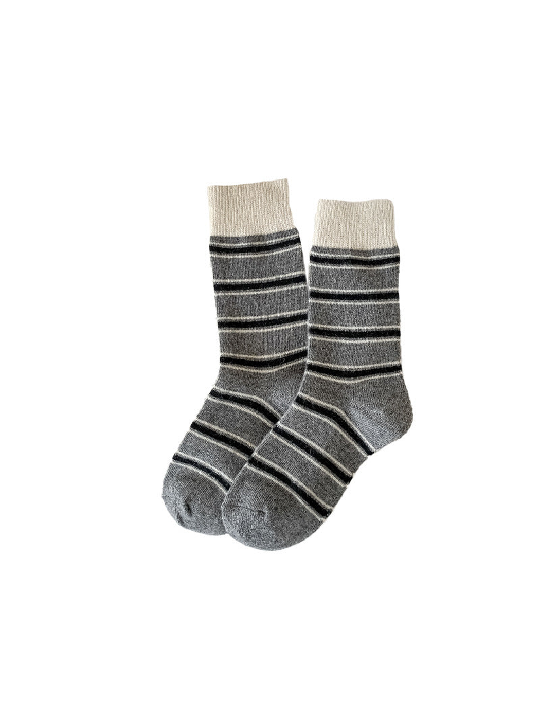 Gray striped crew socks with contrasting ribbed cuffs