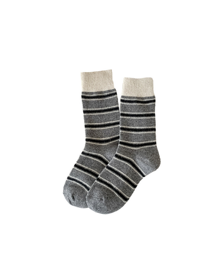 Gray striped crew socks with contrasting ribbed cuffs