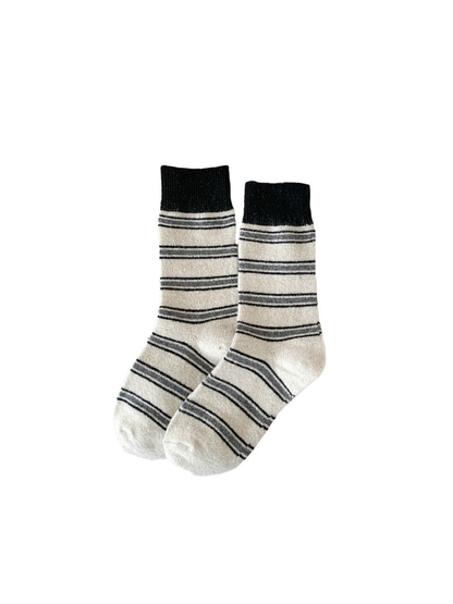 Ivory striped crew socks with black ribbed cuffs