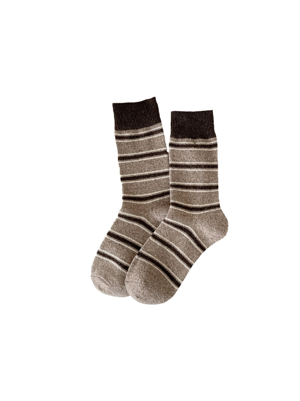 Coffee brown striped crew socks with dark brown ribbed cuffs