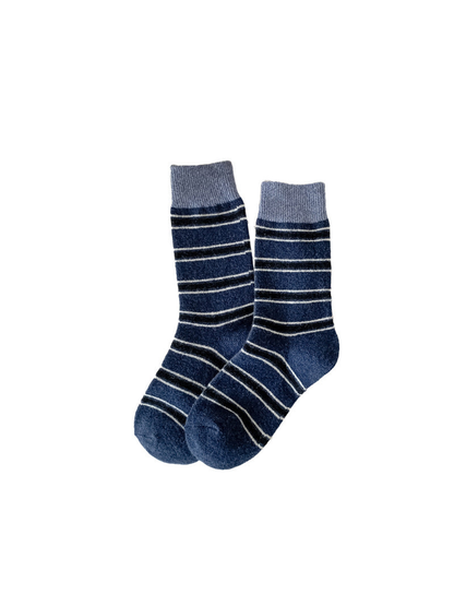 Navy striped crew socks with gray ribbed cuffs