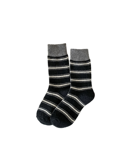 Black striped crew socks with gray ribbed cuffs