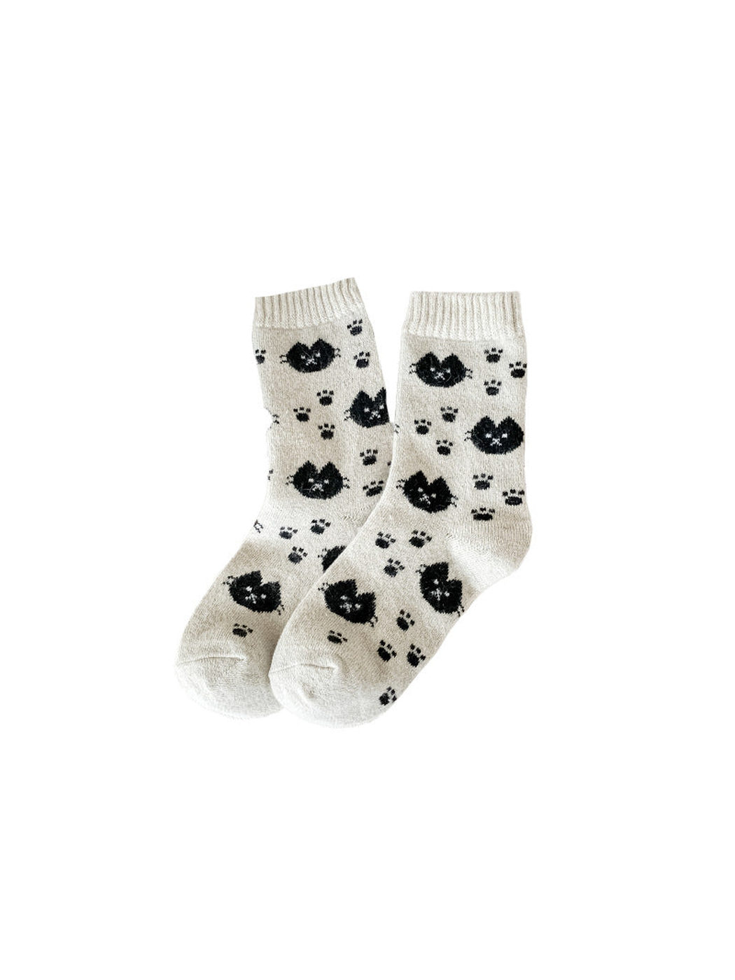 Beige crew socks with black cat faces and paw prints