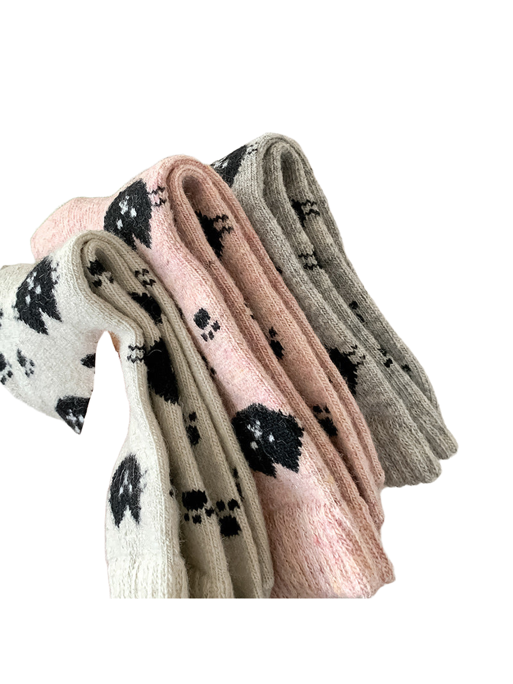Close-up of fuzzy cat-pattern crew socks in multiple colors