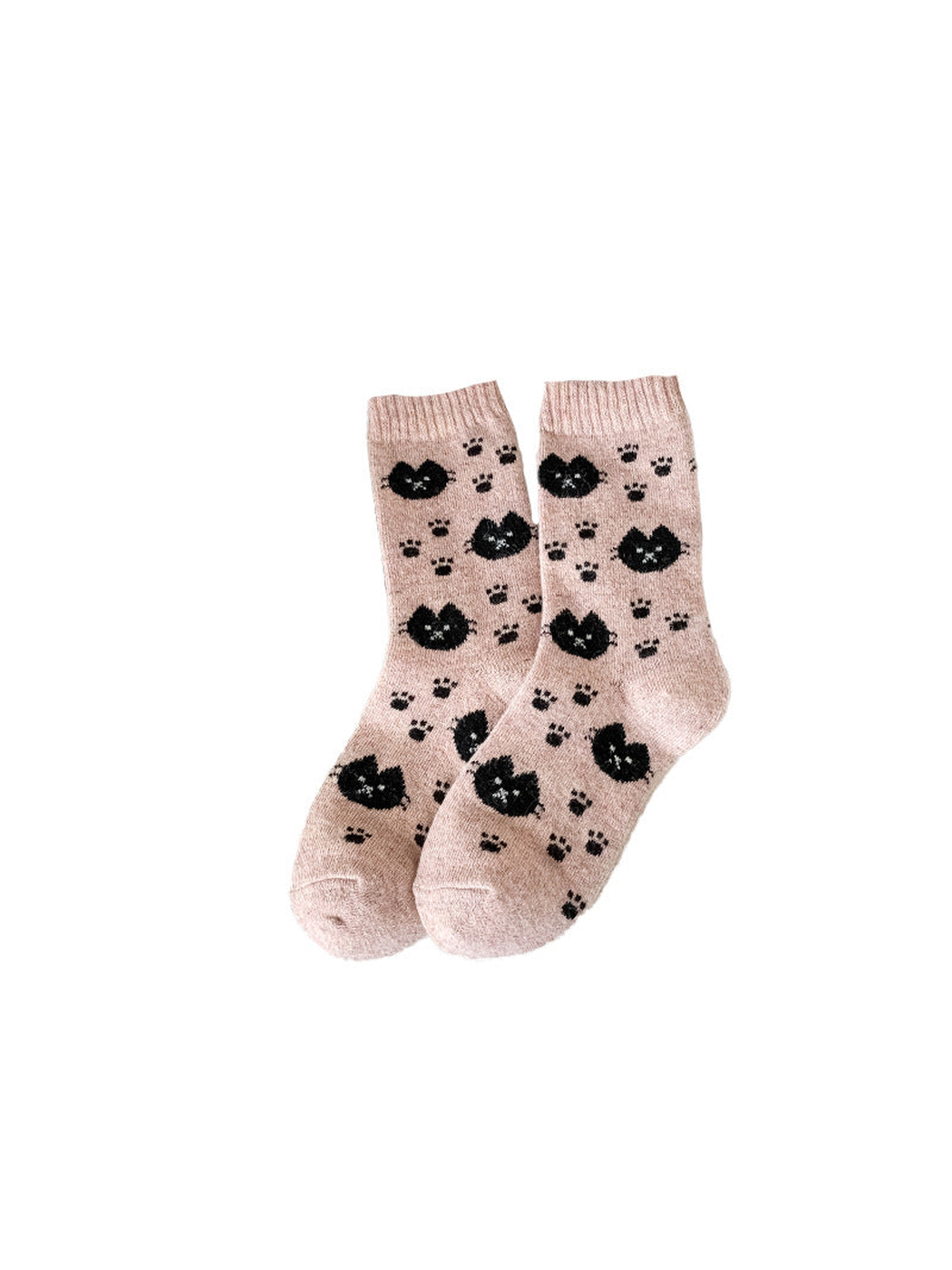 Light pink crew socks with black cat faces and paw prints