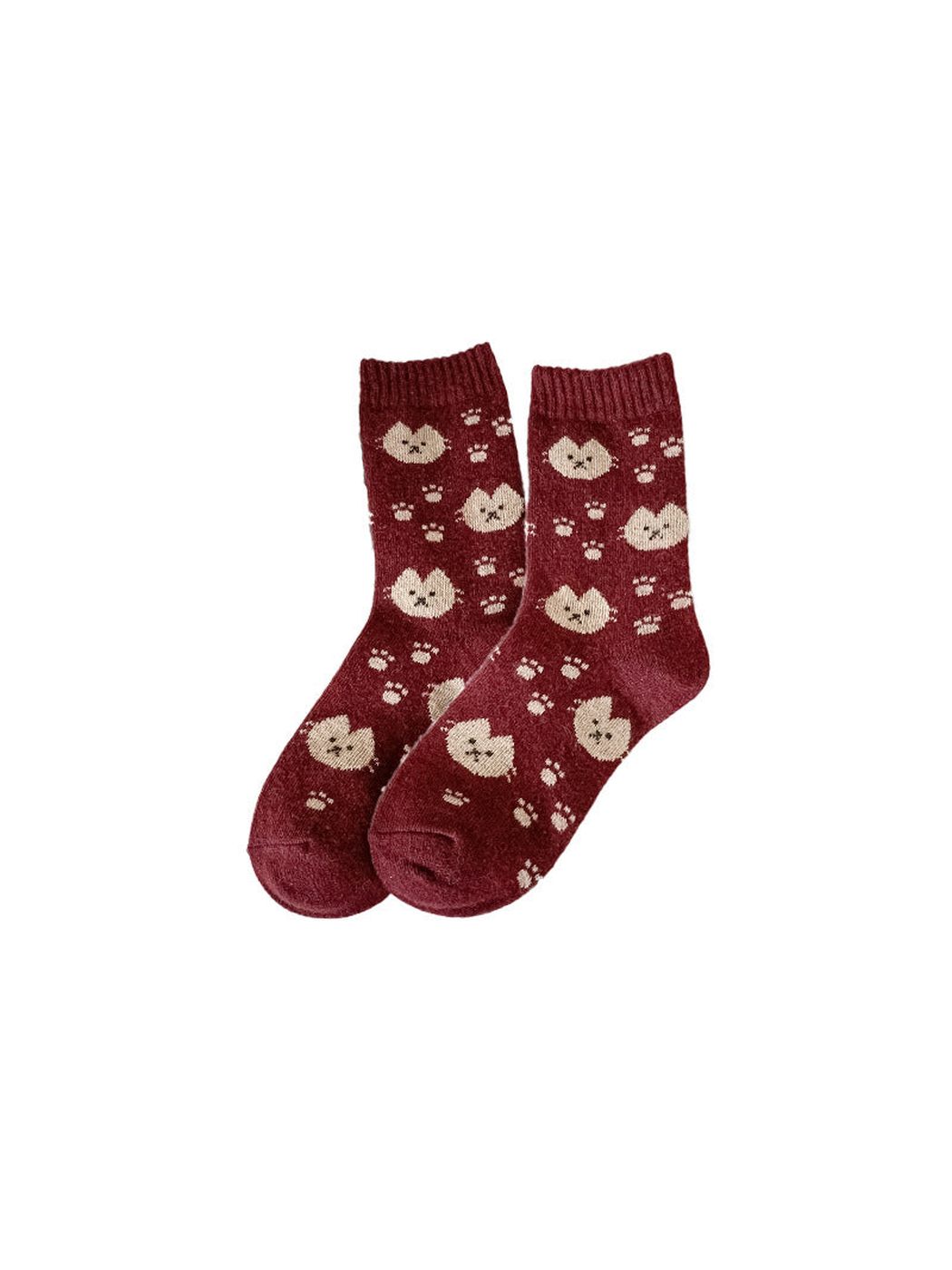 Burgundy crew socks with cream cat faces and paw prints