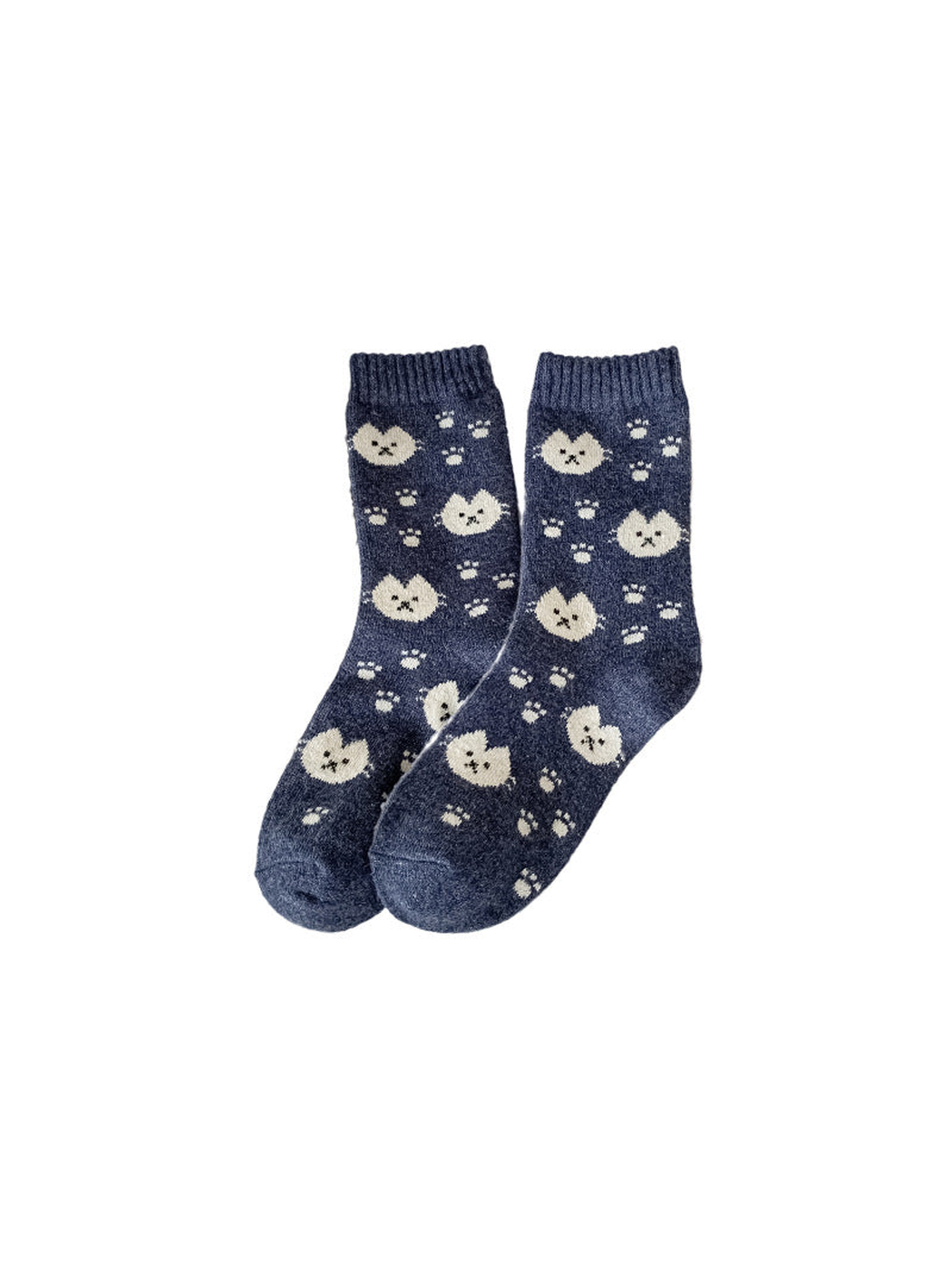 Navy crew socks with cream cat faces and paw prints