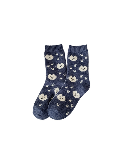 Navy crew socks with cream cat faces and paw prints