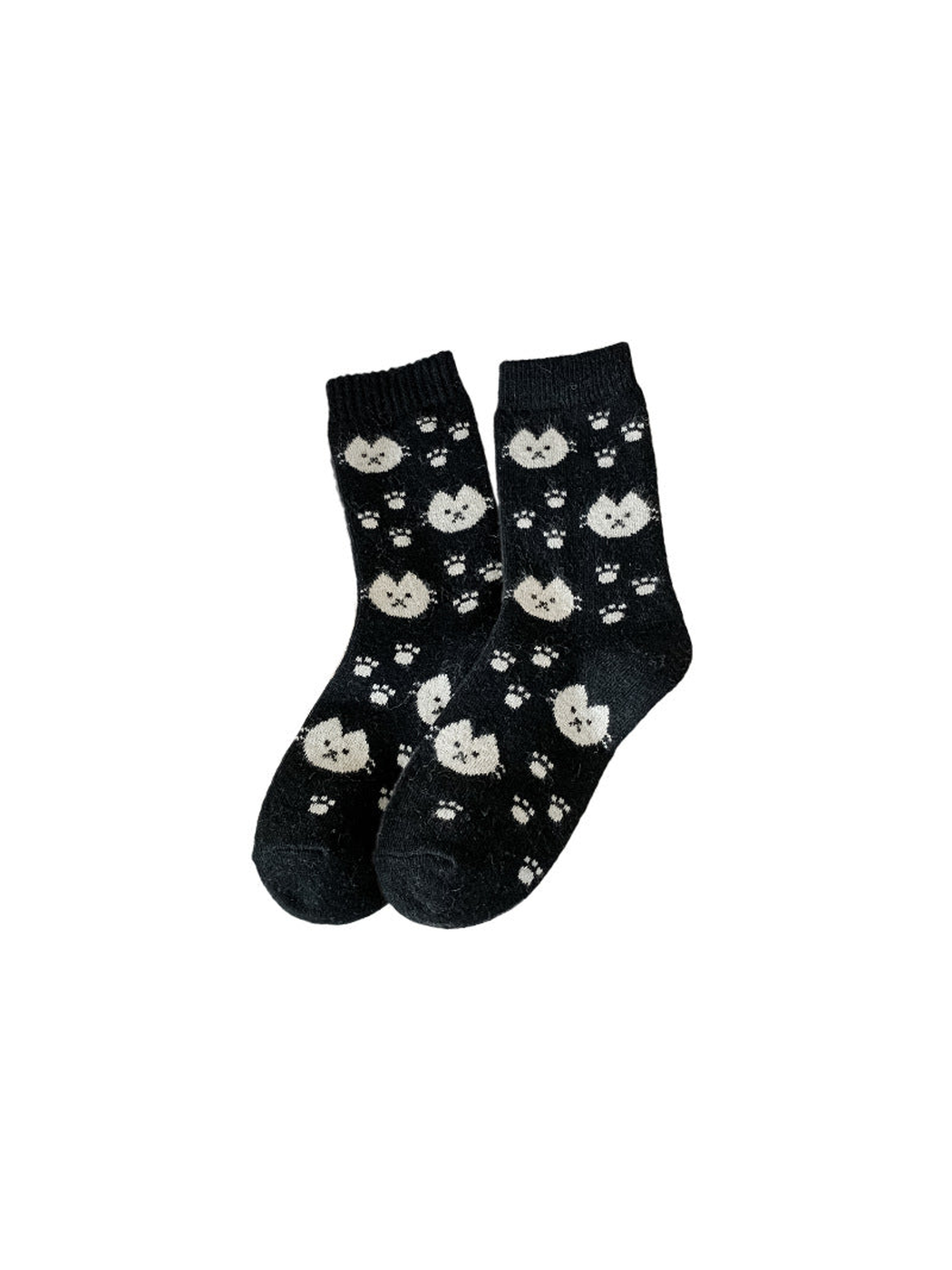 Black crew socks with cream cat faces and paw prints