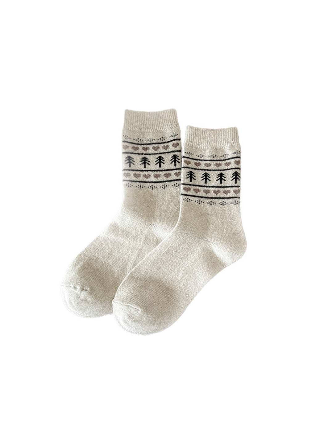 Cream crew socks with tree and heart bands