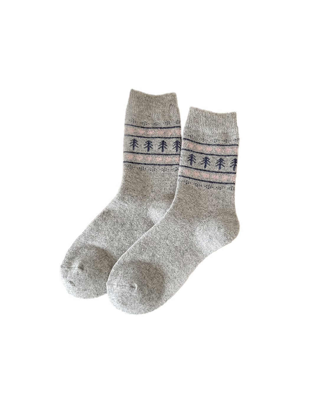 Light gray crew socks with tree and heart bands
