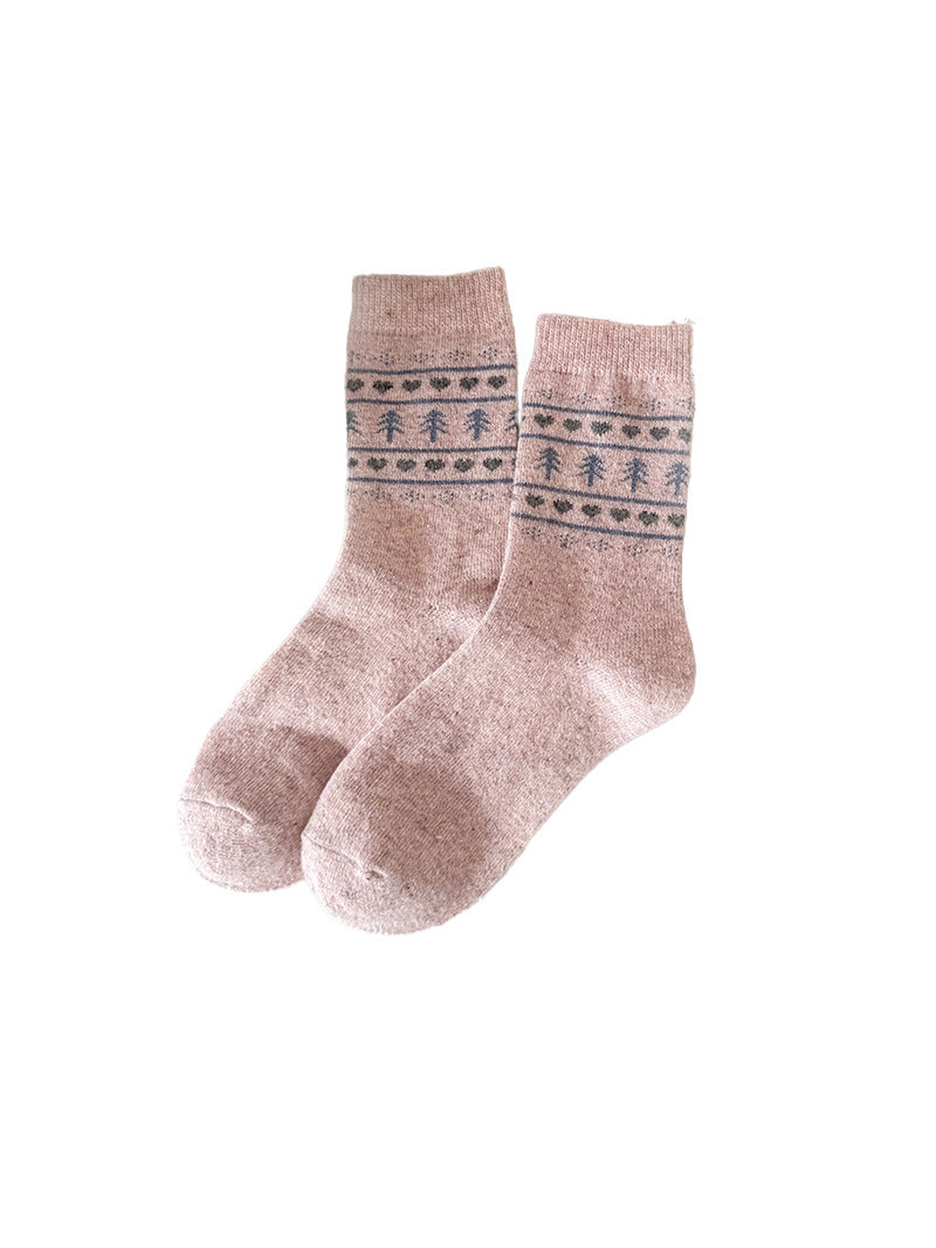 Light pink crew socks with tree and heart bands