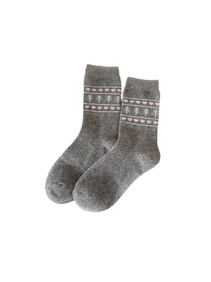 Dark gray crew socks with pink heart and tree bands