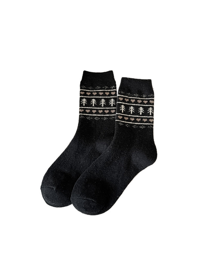 Black crew socks with contrasting heart and tree bands