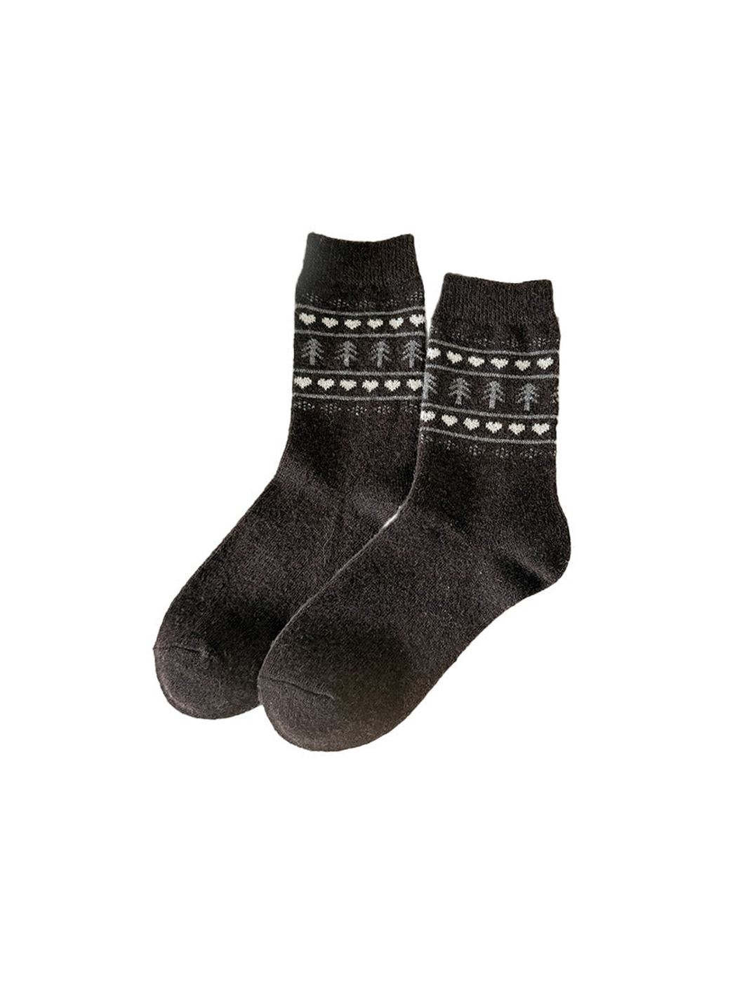 Dark brown crew socks with contrasting heart and tree bands