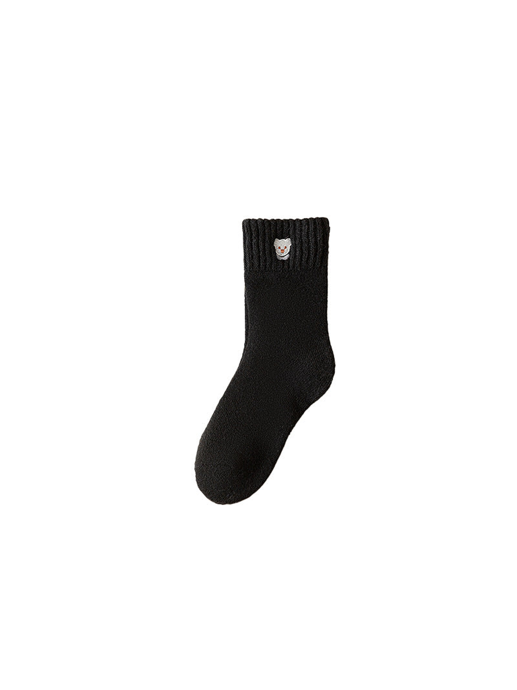 Black crew sock with ribbed cuff and small bear-face patch, isolated view