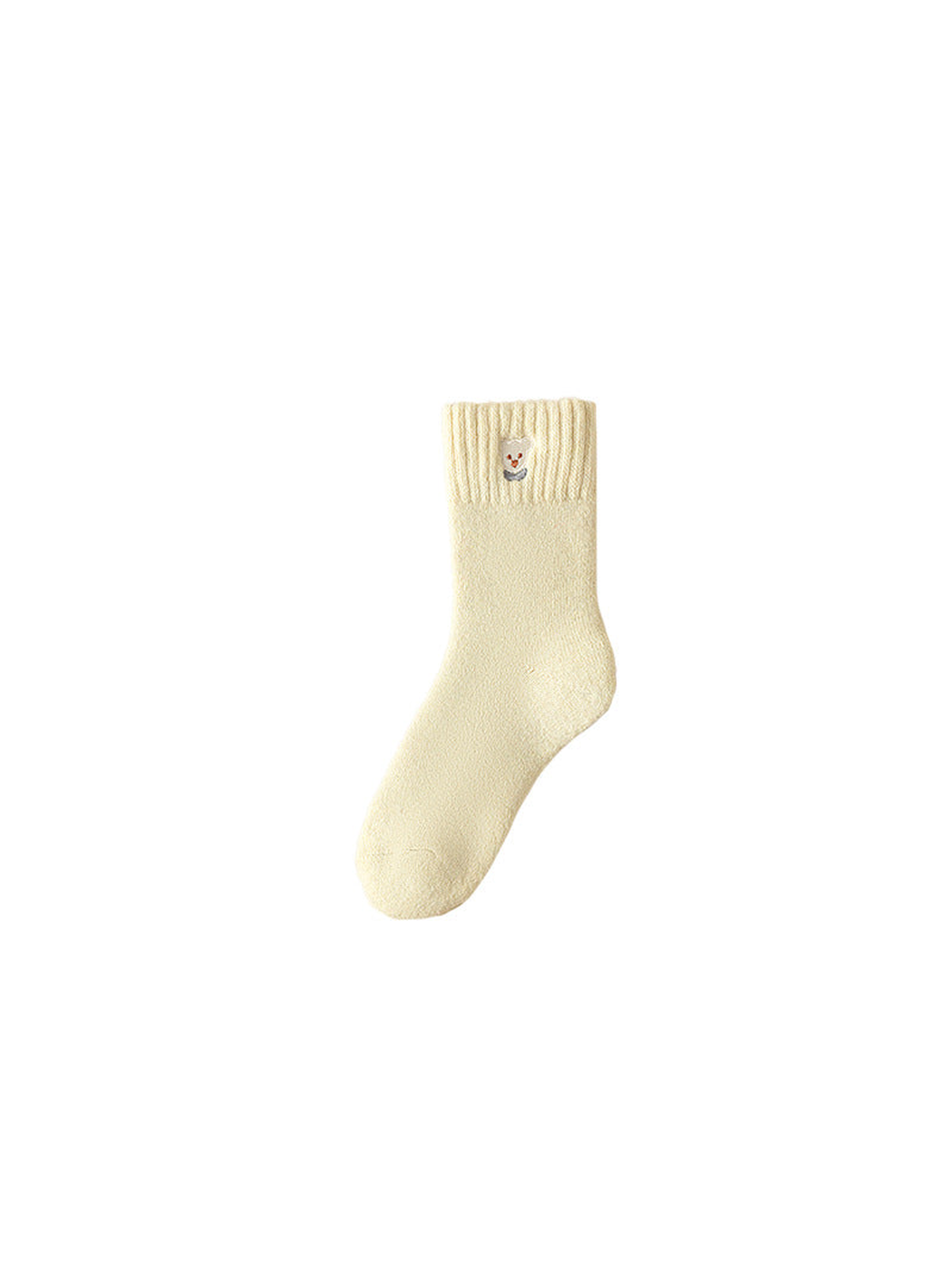 Pale yellow crew sock with ribbed cuff and small bear-face patch, isolated view