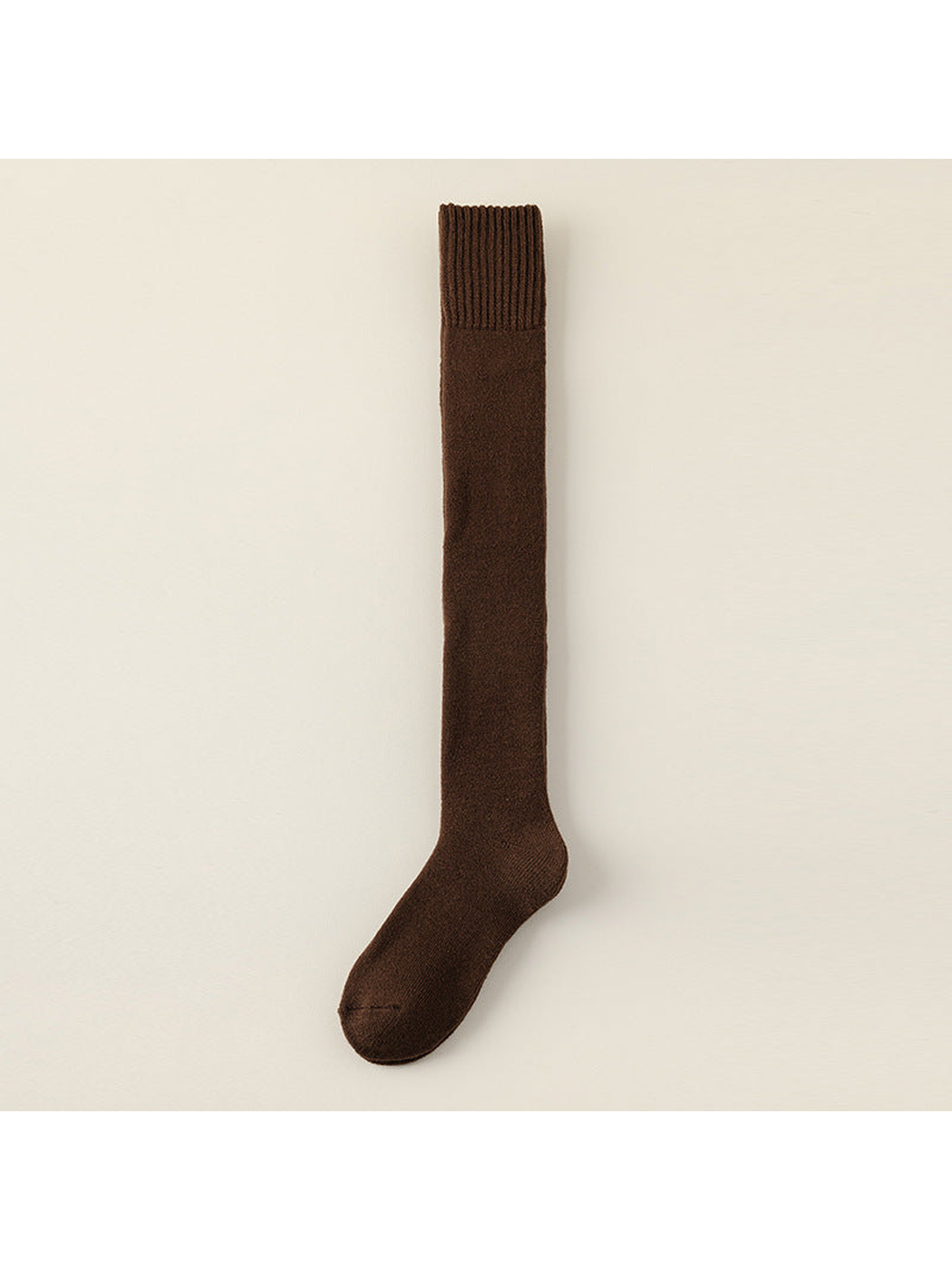 Dark coffee over-the-knee sock with a wide ribbed cuff