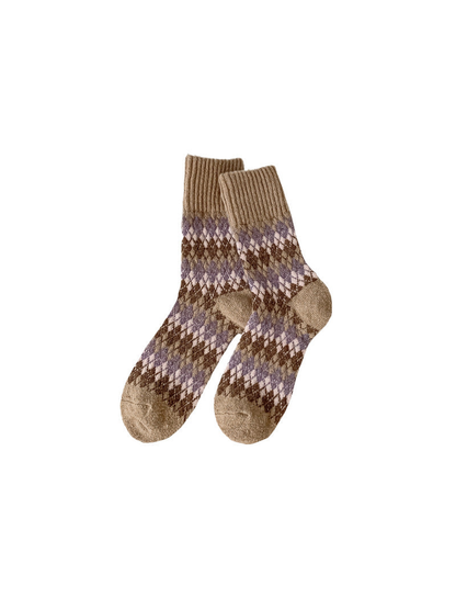 Khaki argyle crew socks with ribbed cuffs and contrasting heels and toes