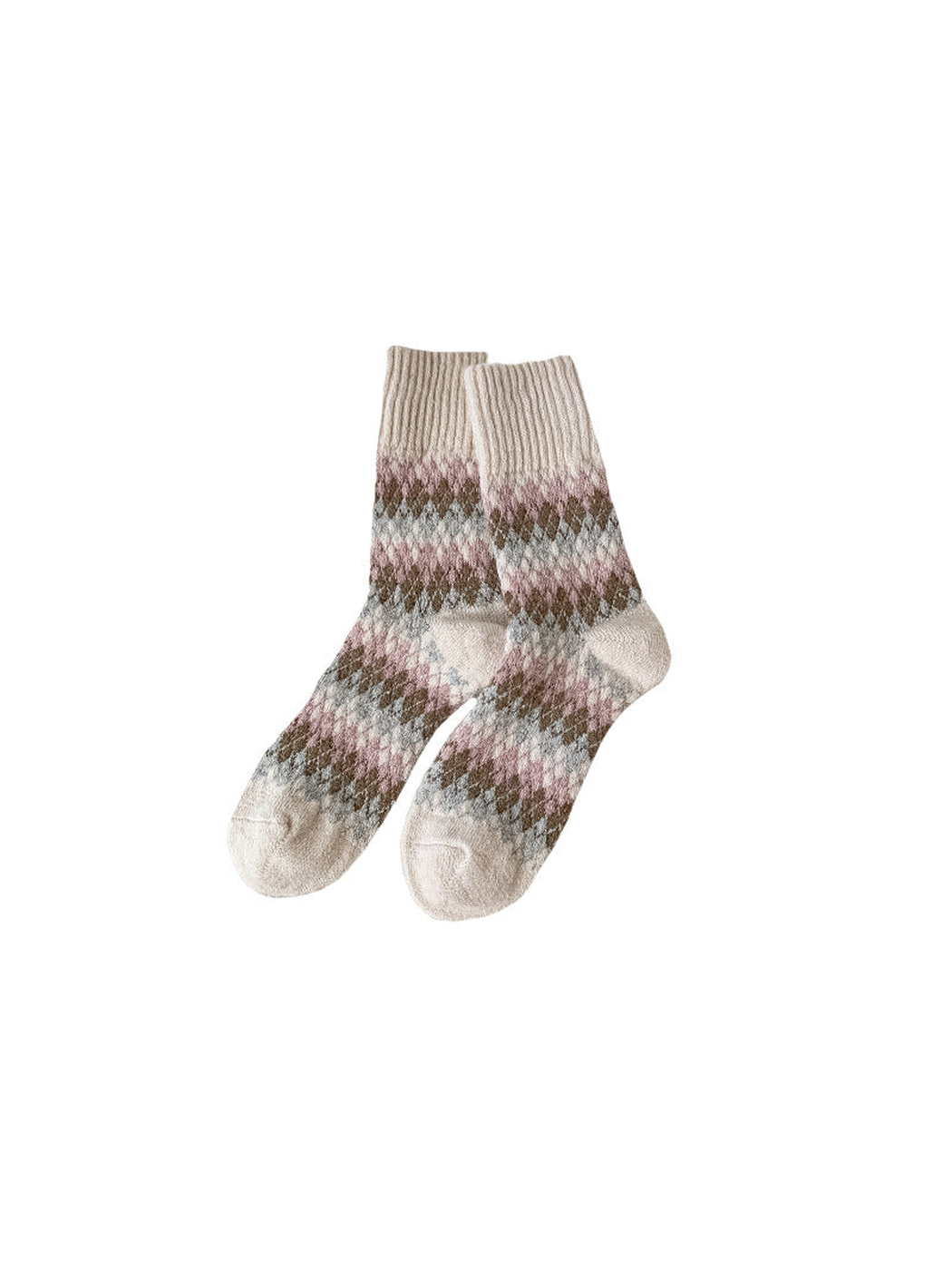 Ivory argyle crew socks with pink, gray and brown pattern