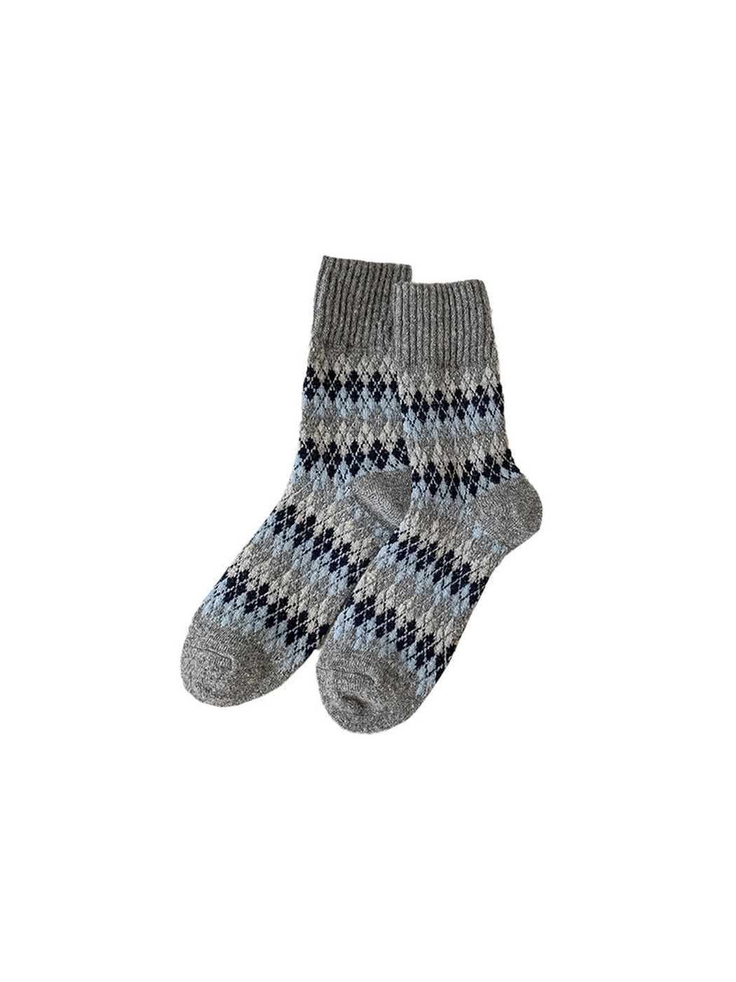 Gray argyle crew socks with light blue and navy pattern