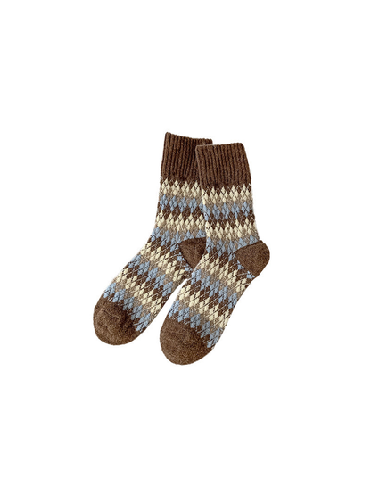 Light coffee argyle crew socks with cream and pale blue pattern