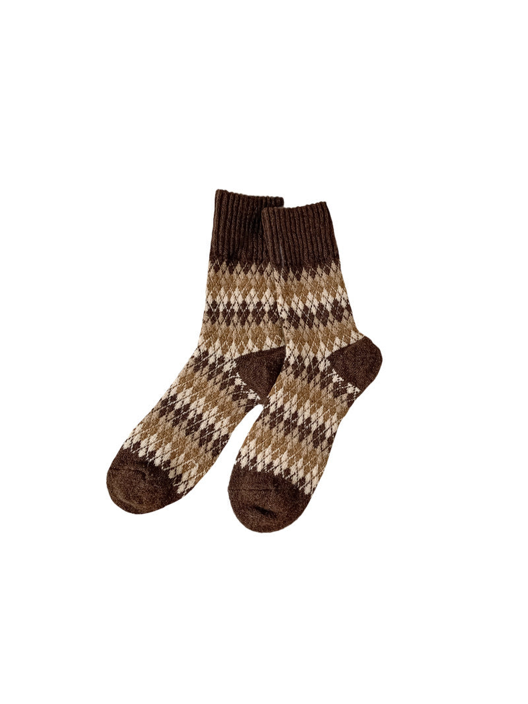 Dark coffee argyle crew socks with cream and tan pattern