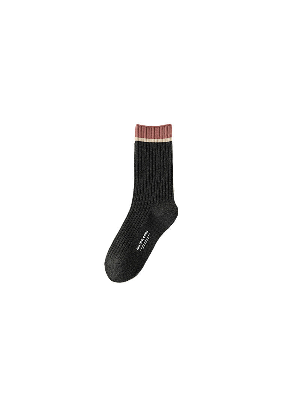 Dark gray ribbed crew sock with dusty-pink cuff and ivory band