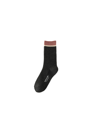 Dark gray ribbed crew sock with dusty-pink cuff and ivory band
