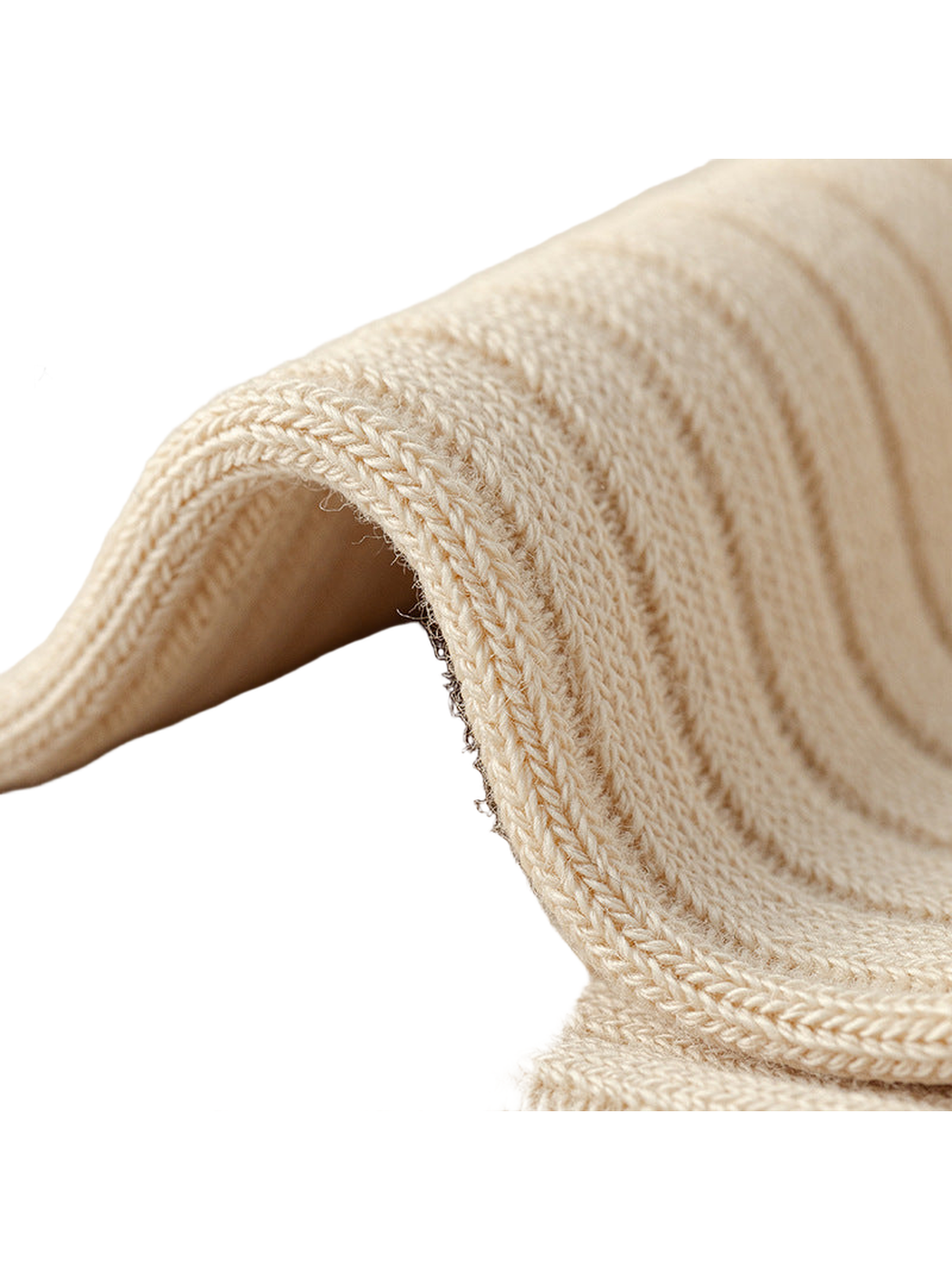 Close-up of the fine ribbed knit texture and finished edge
