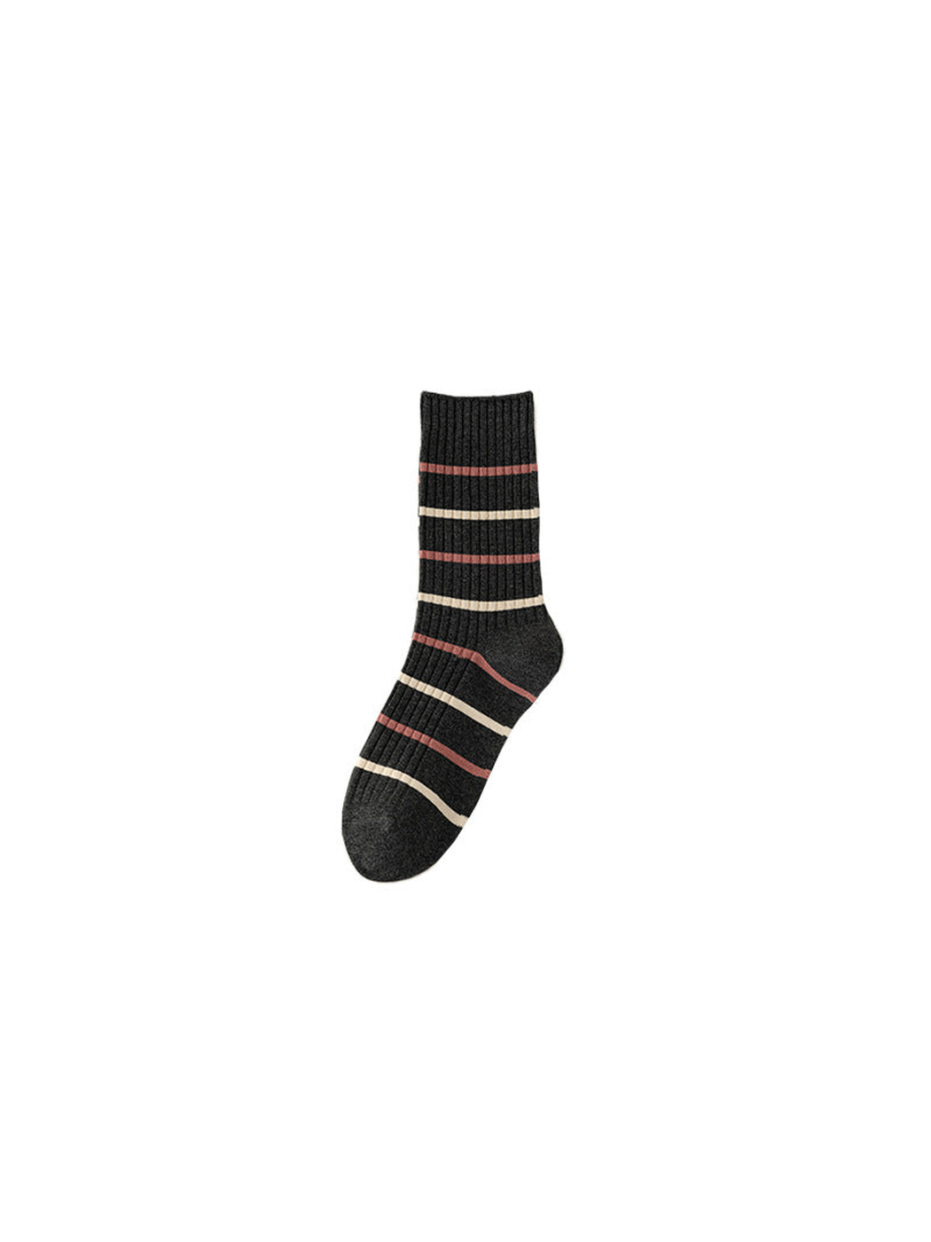 Dark gray ribbed crew sock with fine pink and ivory stripes