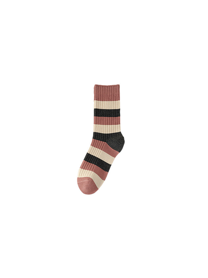 Crew sock with wide dusty-pink, ivory and dark gray stripes