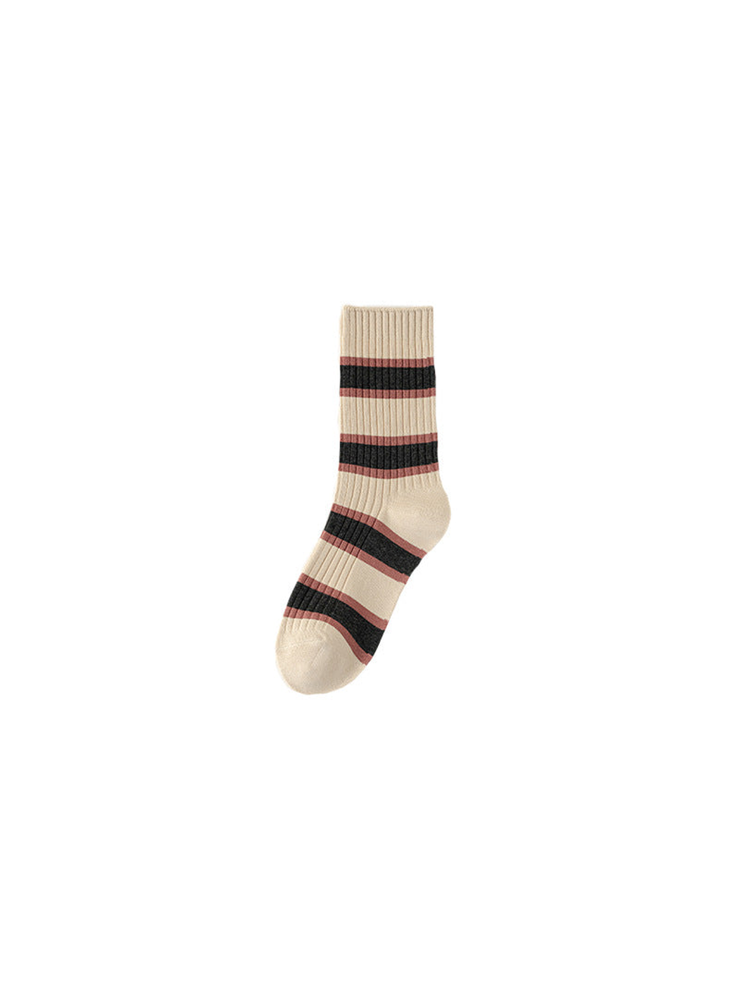 Ivory crew sock with dusty-pink and dark gray mixed stripes